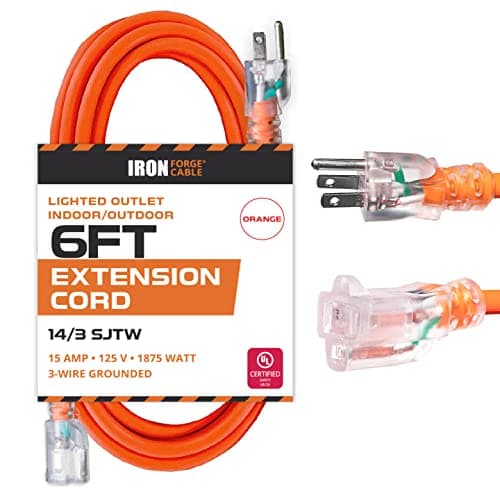 Iron Forge Cable Weatherproof 6 Ft Outdoor Extension Cord - 14/3 SJTW 15 Amp Heavy Duty Orange Extension Cord 3 Prong - Lighted End