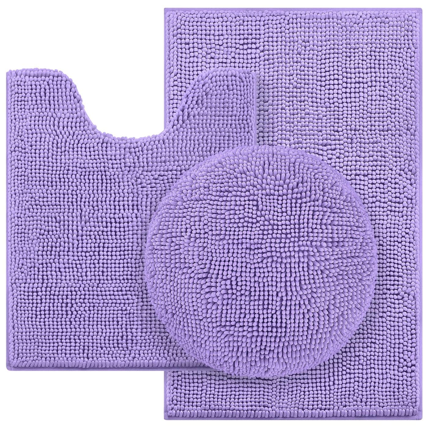 HOMEIDEAS 3 Pieces Light Purple Bathroom Rugs Set Ultra Soft Non Slip Bath Rug and Absorbent Chenille Bath Mat Includes UShaped Contour Rug Bath Mat and Toilet Lid Cover Perfect for Bathroom Tub