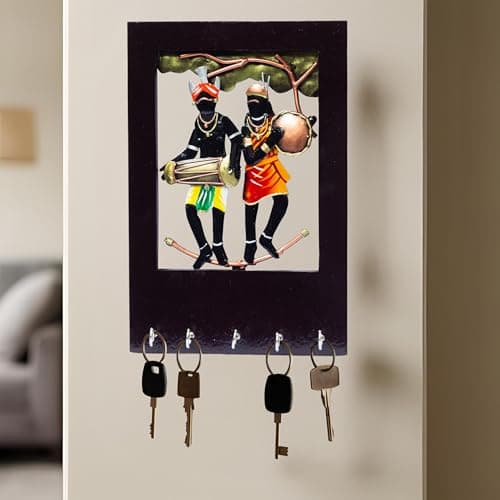 KRAFTSKALA Wall Tribal Key Holder – 5 Hook Handcrafted Wooden and Metal Showpiece Keychain Holder Folk Art Decor for Entryway Organization