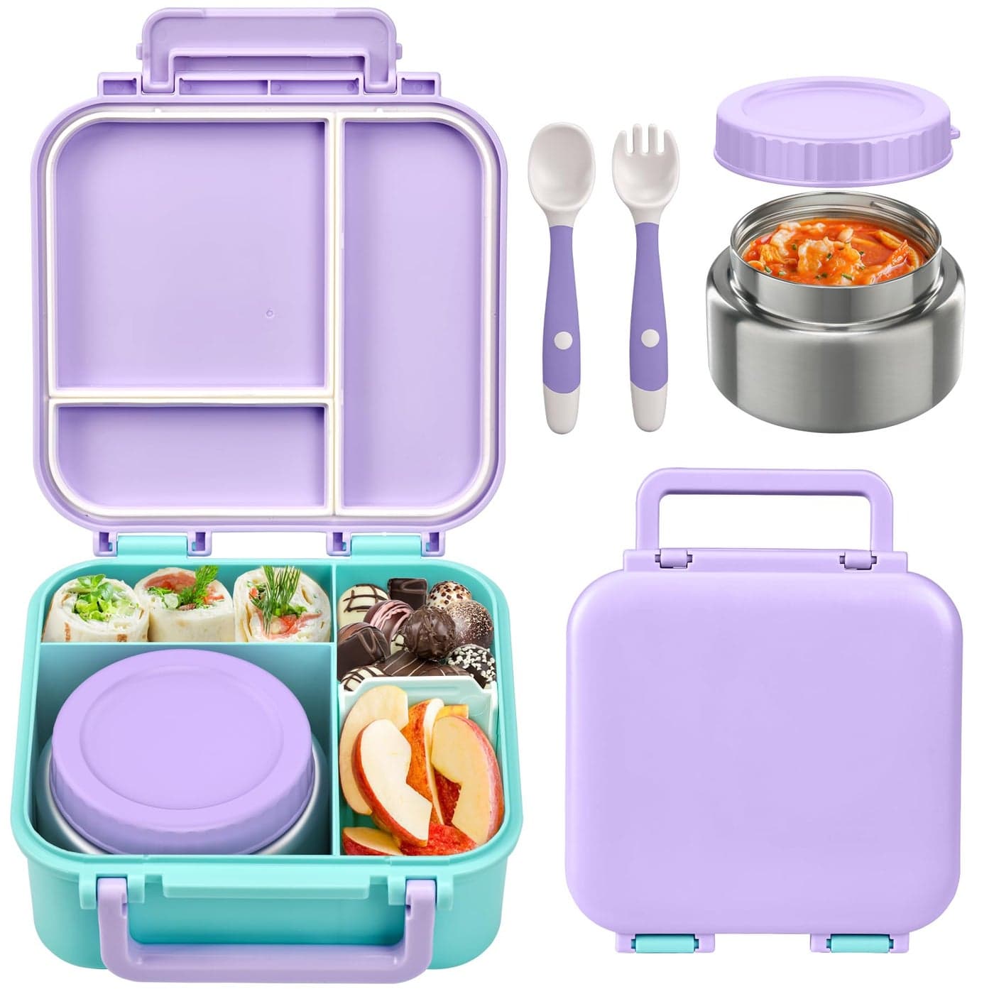 BEAQUEE Bento Box for Kids with Soup Thermos9oz Kid Bento Lunch Box with Leak Proof Insulated Food Jar Hot Cold Lunch Container Set for School Girls Boys 4Compartments PurpleBlue