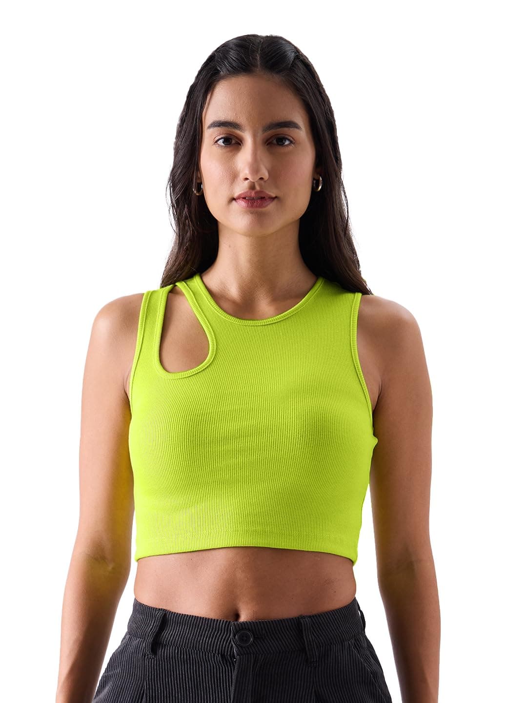 The Souled Store Solids: Lime Womens and Girls Regular fit Solid Sleeveless Cotton Blend Green Color Women Tank Tops (221086_XXS_Green) Women Tank Tops Fashionable Trendy Graphic Prints Pop Culture