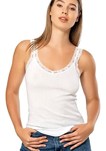 VAVONNE Camisole for Women, 100% Cotton, Airy Soft Cami Tank (White/Lace Strap, X-Large)