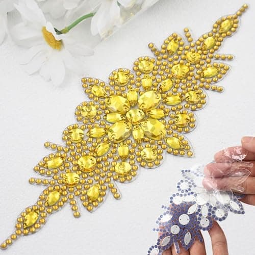 PEARLY JUN 1 Pc Gold Rhinestone Applique Yellow Crystal Patches Self Adhesive Iron on Clothing Diamond Embellishments for Bridal Wedding DIY Dress Fabric Accessories