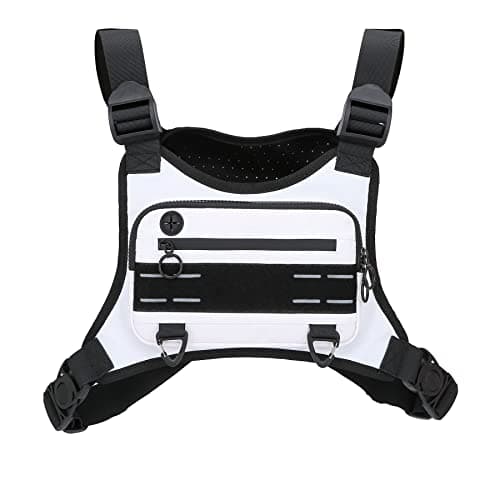Muserise Sports Chest Bag For Men Women, Water Resistant Lightweight Front Chest Pack, Running Vest Bag With Built-In Phone Holder & Extra Storage For Workouts, Running, Cycling (White)