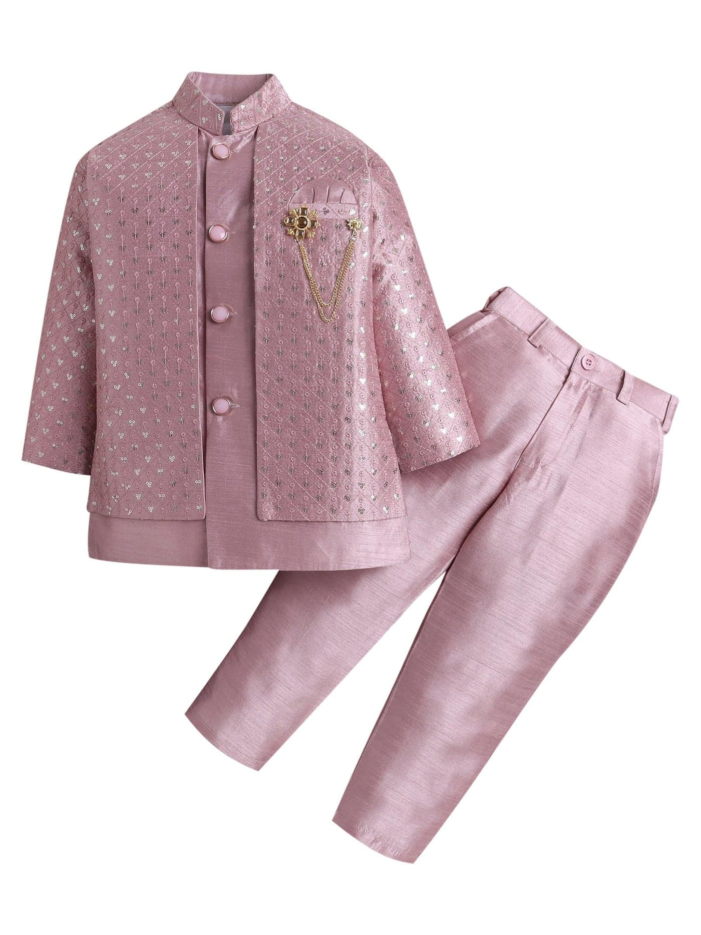 AHHAAAA Boy's Ethnic Cotton Silk Blend Nehru Modi Jacket Kurta & Pyjama Set for Boys|Sequin Embellished Ethnic Set|Ideal for any Festivals/Weddings Occasion|Pink, 9-10 Years|