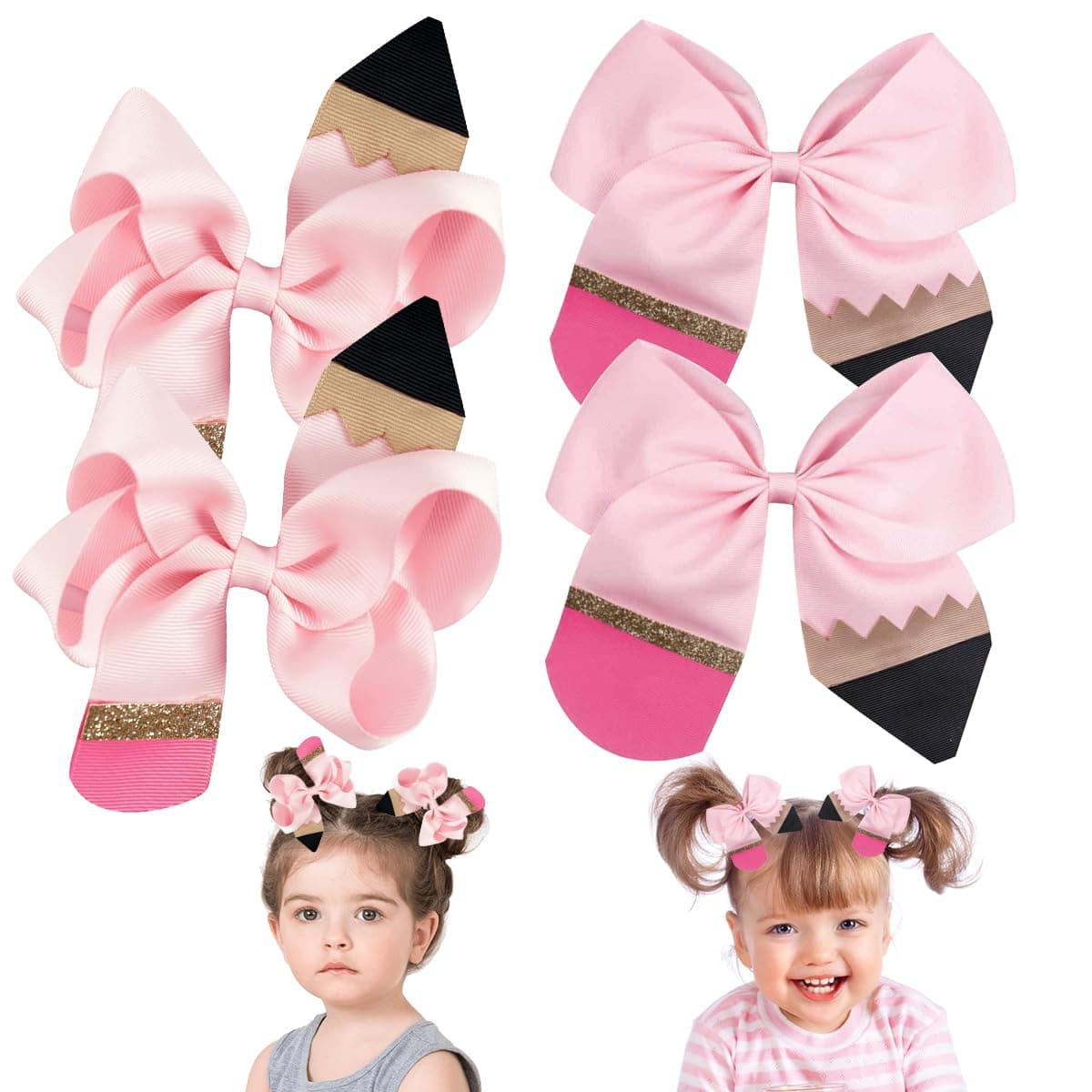 4 Pcs Back to School Hair Bows Clips for Girls Students Toddlers Pencil Style Hair Accessories Pink Set