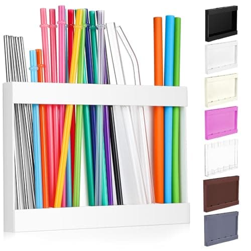Qinyoung Acrylic Straw Holder for Cabinet Door with Double Sided Adhesive Tape Reusable Straw Organizer Tumbler Storage Kitchen Accessories Container for Counter Cupboard(Classic,Large,White)