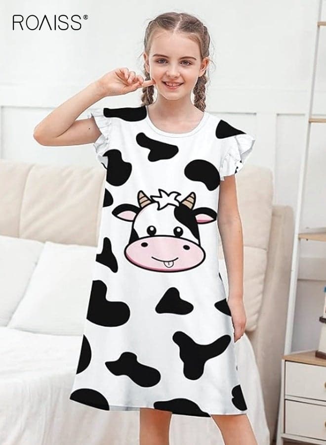 Girls Cartoon Nightdress, Adorable Comfortable Sleepshirts, Summer Dress with Vivid Cow Patterns, Breathable Sleeveless Nightgown, Cozy Pajama Dress for Girls, Perfect for Casual Sleepwear, Daily Wear and Home Wear