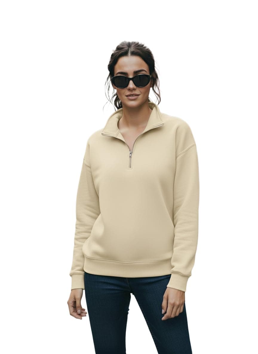 Mack Jonney Women’s Fleece Half-Zip Offwhite Color High Neck Sweatshirt | Warm & Stylish Winter Wear -JM.4400
