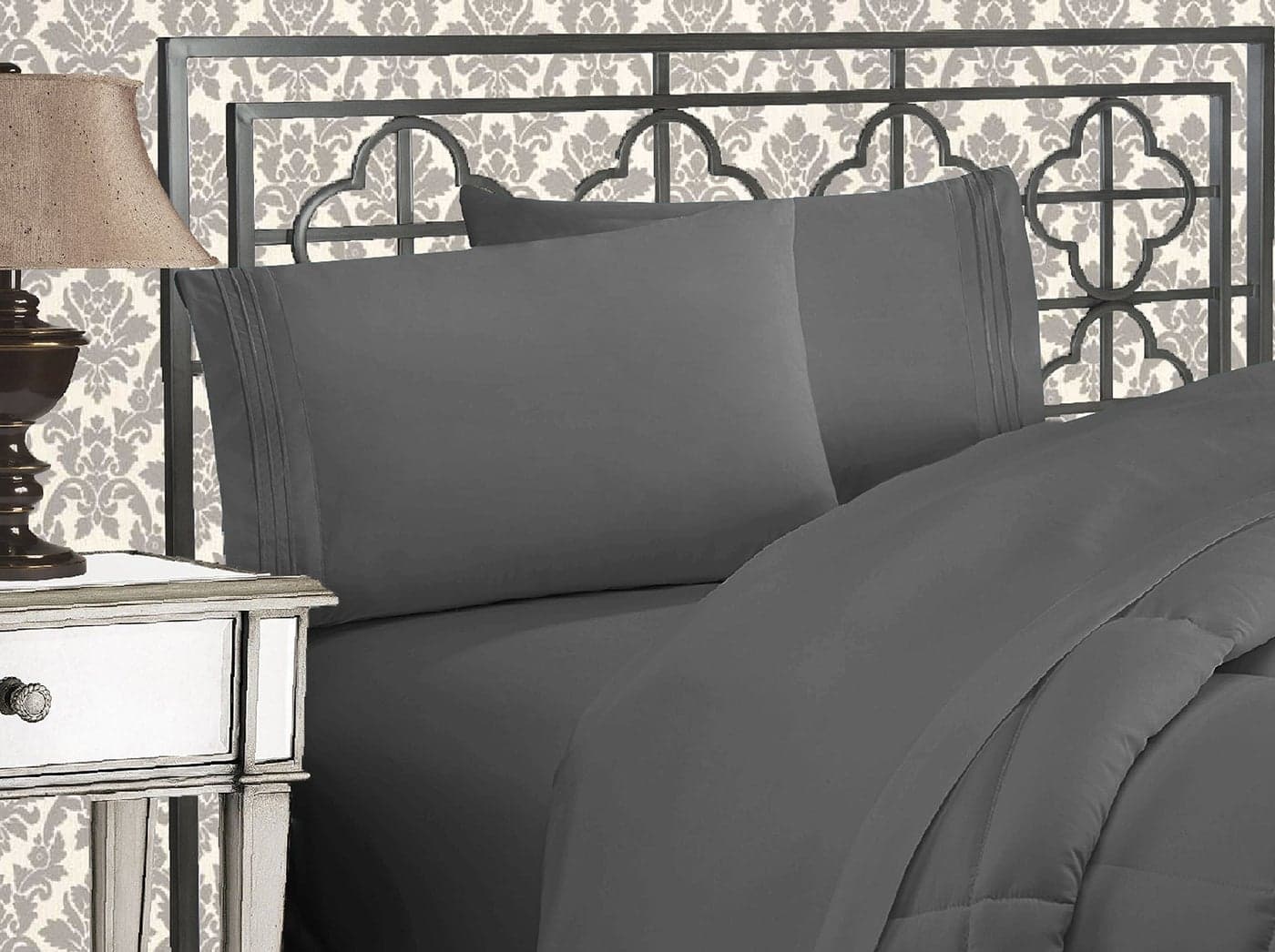 Elegant Comfort Luxurious 1500 Premium Hotel Quality Microfiber Three Line Embroidered Softest 4Piece Bed Sheet Set Wrinkle and Fade Resistant Full Gray