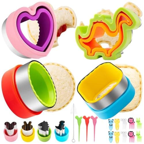 HASTHIP 22Pcs Kid Sandwich Cutter and Sealer Set with Cute Vegetable Cutter Molds, Cartoon Kids Fruit Forks DIY Homemade Bread Sandwich Maker Molds