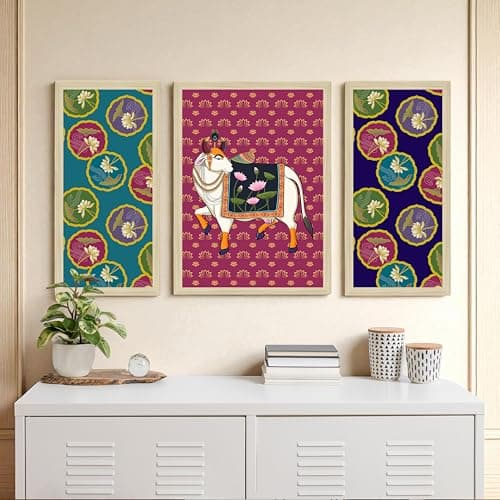 PAINTINGMANTRA Cow and Lotus Pichwai Framed Wall Art Framed Painting Home D cor Pack Of 3 | Digital Scenery| Suits Hallways, Living Room, Bedroom, Office Set Of 3, 22x46 cm, 33x44 cm