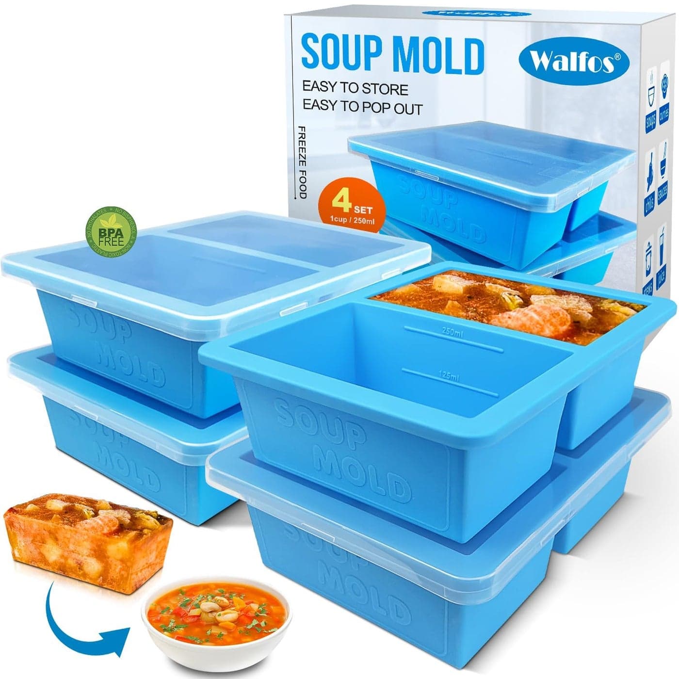 Walfos 1Cup Large Silicone Soup Freezer Tray with Lid 4 Packs Soup Freezer Ice Cube Tray for Food Baby Food Freezer TraysContainer for Storing and Freezing Soup Broth Sauce and Ice