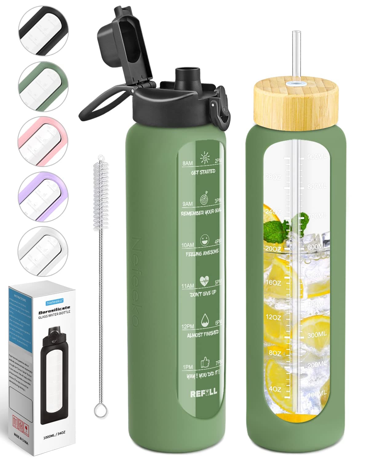 Nefeeko 32 oz Glass Water Bottles with Straw Time Marker Motivational 1 Liter BPA FREE Leakproof Reusable Glass Water Bottle with Silicone Sleeve Bamboo Spout Lid
