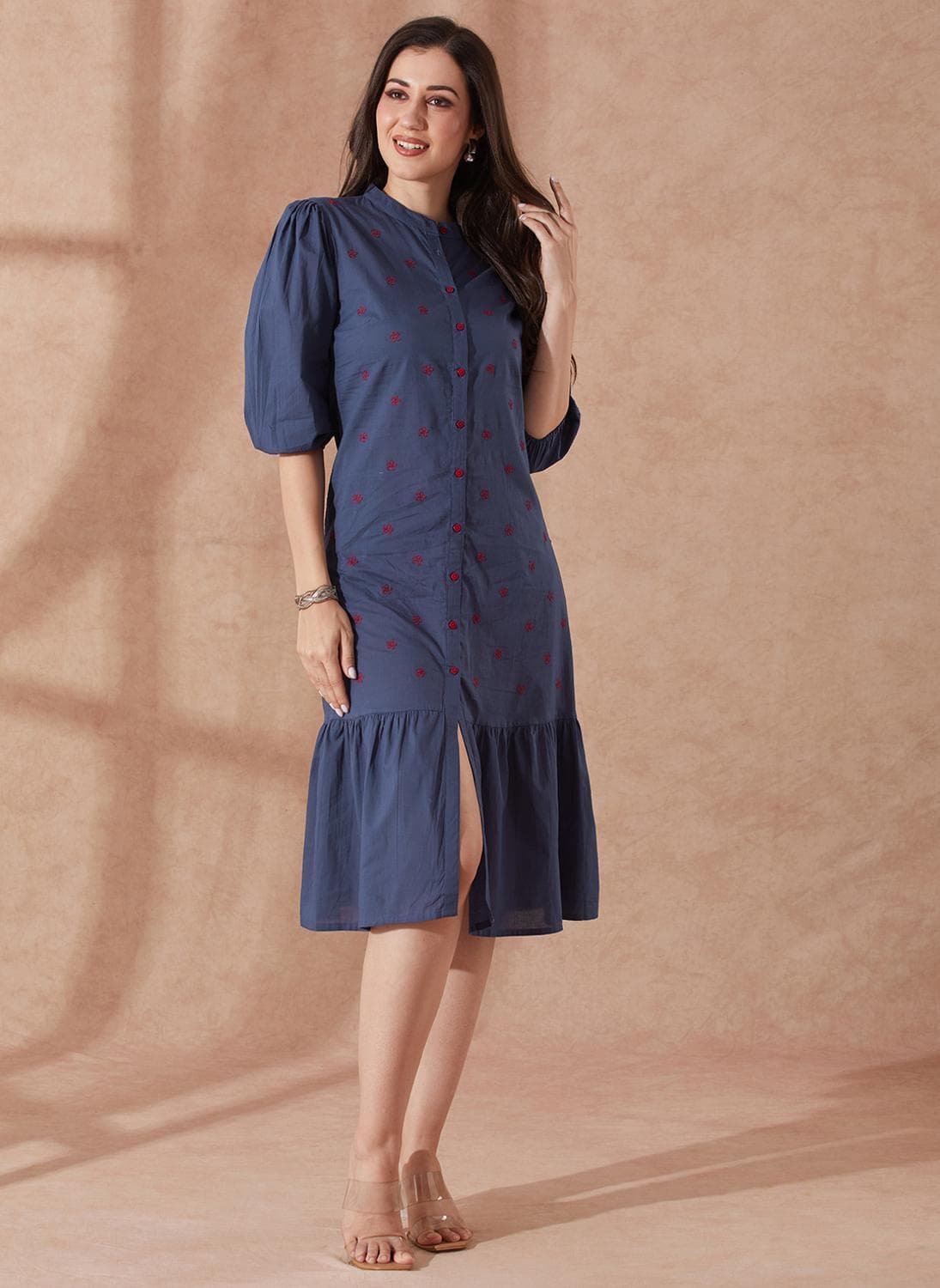 Globus Women Blue Round Neck Puff Sleeves Floral Embroidered Tiered Flared Hem Midi A-Line Dress
