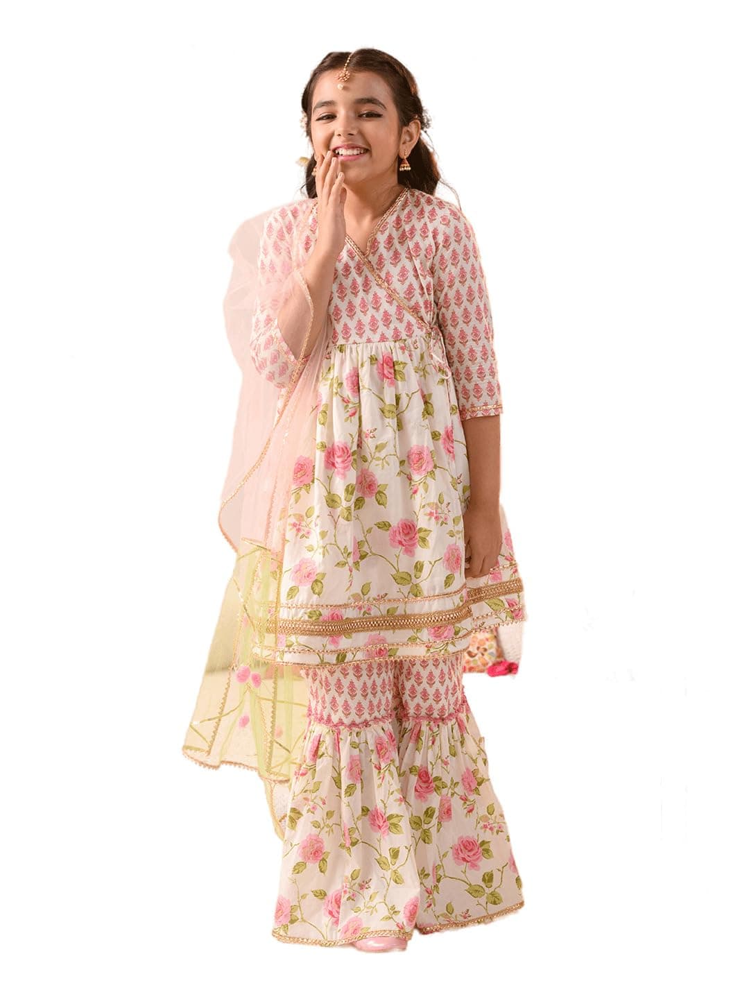 Pspeaches Girls Cotton 3/4th Sleeve V-Neck Floral Print Kurta And Sharara With Dupatta 3 Piece Set|Ethnic Wear For Kids Girls|Traditional & Festive Outfit 7-8 Year Pink & Off White