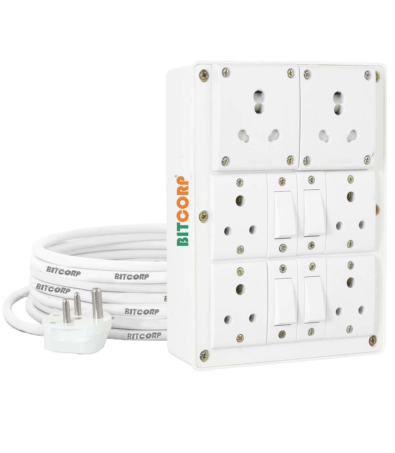 Bitcorp Extension Box 6A 16A 20A 6 Socket 4 Switch 3500 Load Capacity Surge Protection High Load Capacity with 15 Meter Long Wire Cord for ChargerAcRefrigeratorWashing MachineMicrowave
