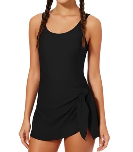 Cuddomper Girl Swimsuit Black One Piece Swim Dress Adjustable Straps Bathing Suit with Pad Vacation Beach Modest Swimwear Size 11-12
