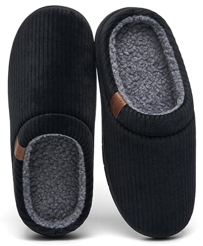 SaDuck Men's Black Fuzzy Slippers with Warm Polar Fleece Lining & Memory Foam Insoles for Comfortable - Arch Support House Shoes for Indoor Outdoor Use 13-14#