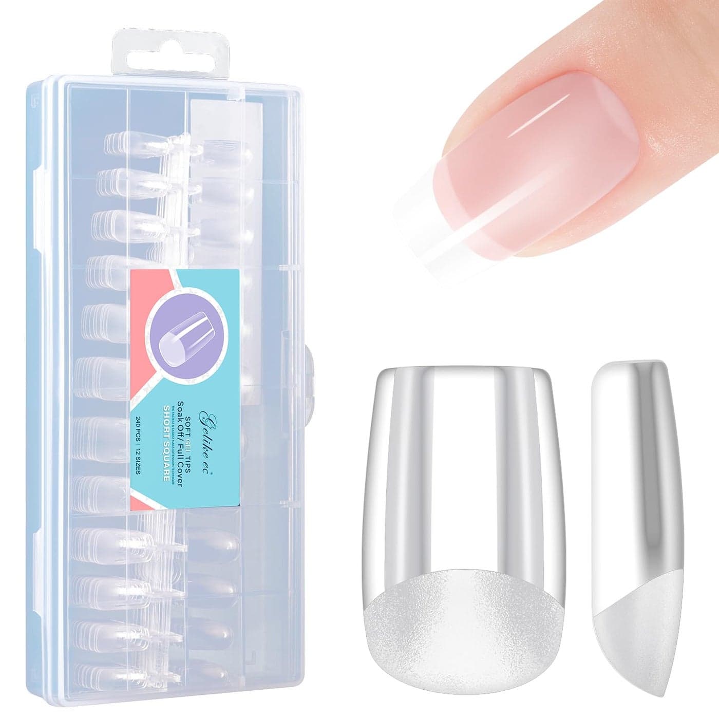 Gelike EC Short Square Nail Tips Soft Gel False Nail Tips Full Cover for Nail Extensions Acrylic Nails Professional Clear Gelly Tips False Press on Preshaped PMMA12 Sizes SHORT SQUARE 240PCS