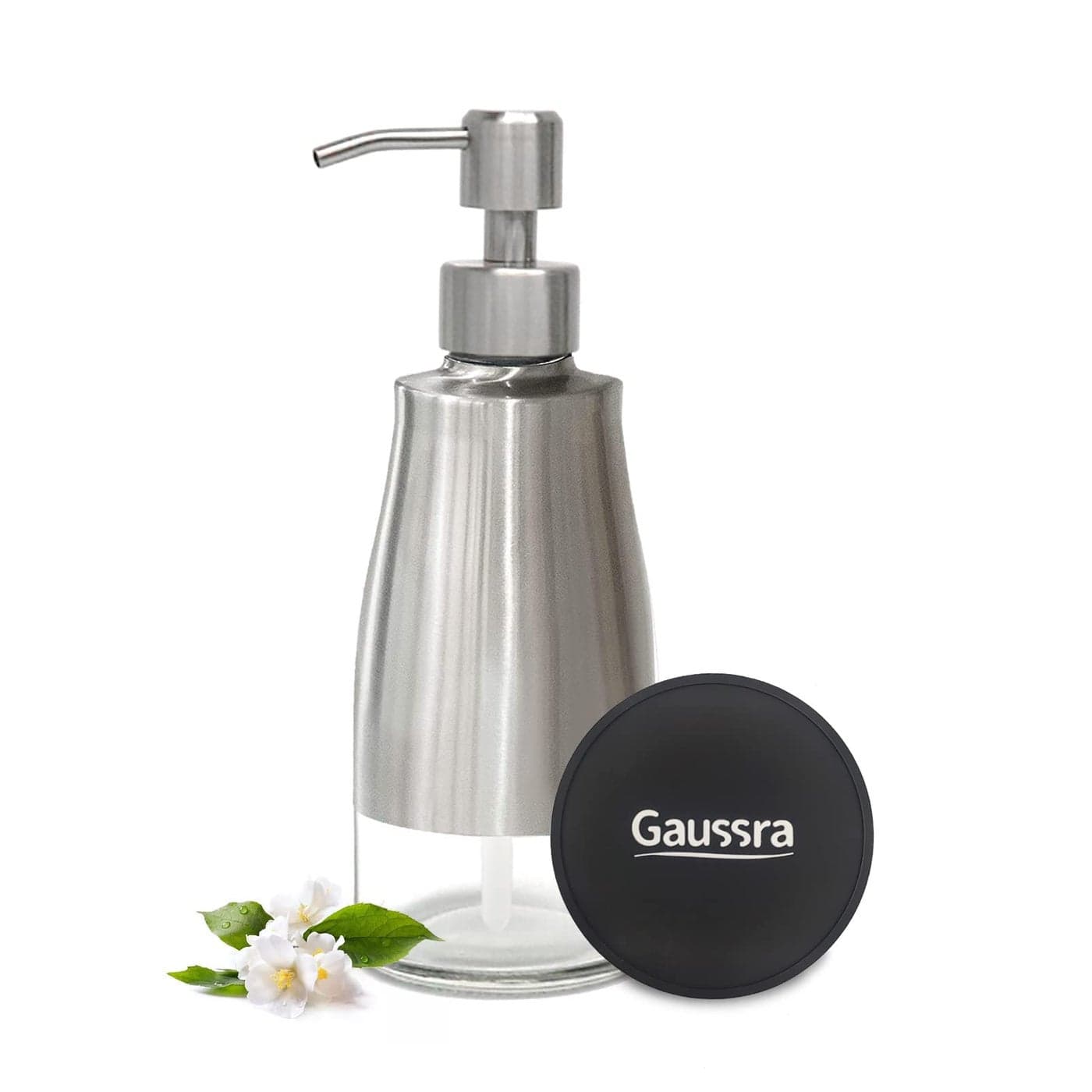 Gaussra Soap Dispenser with Coaster and Stickers Brushed Nickel Stainless Steel Case Glass Liner Hand Pump Dispenser Refillable Liquid Hand Soap Dispenser for Bathroom Kitchen 11OZ 320ML