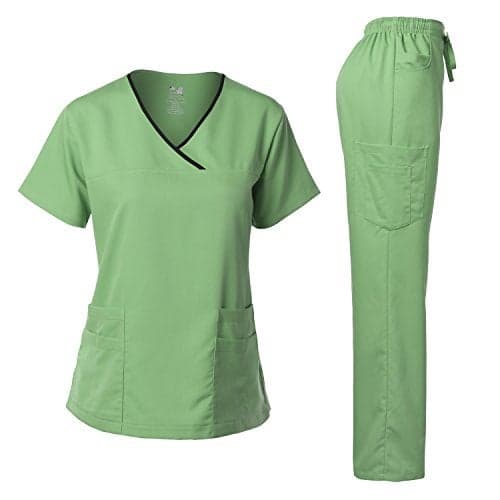 Dagacci Scrubs for Women Set – Stretch Medical Uniform, Contrast Binding Top and Pants Womens Scrub Sets (Large, Apple Green)