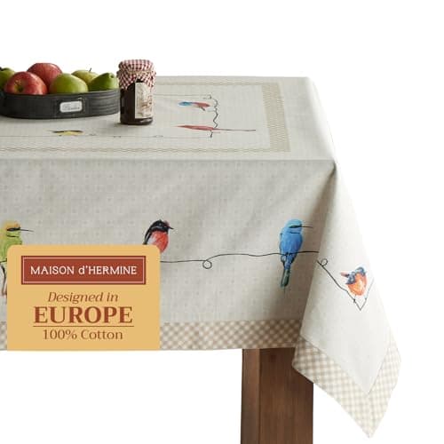 Maison d' Hermine Table Cloth Rectangle Table 100% Cotton 54 x 72 Inches Tablecloth Reusable Decorative for Dining Room, Farmhouse, Home, Party, Festive & Wedding Spring Summer - Birdies on Wire