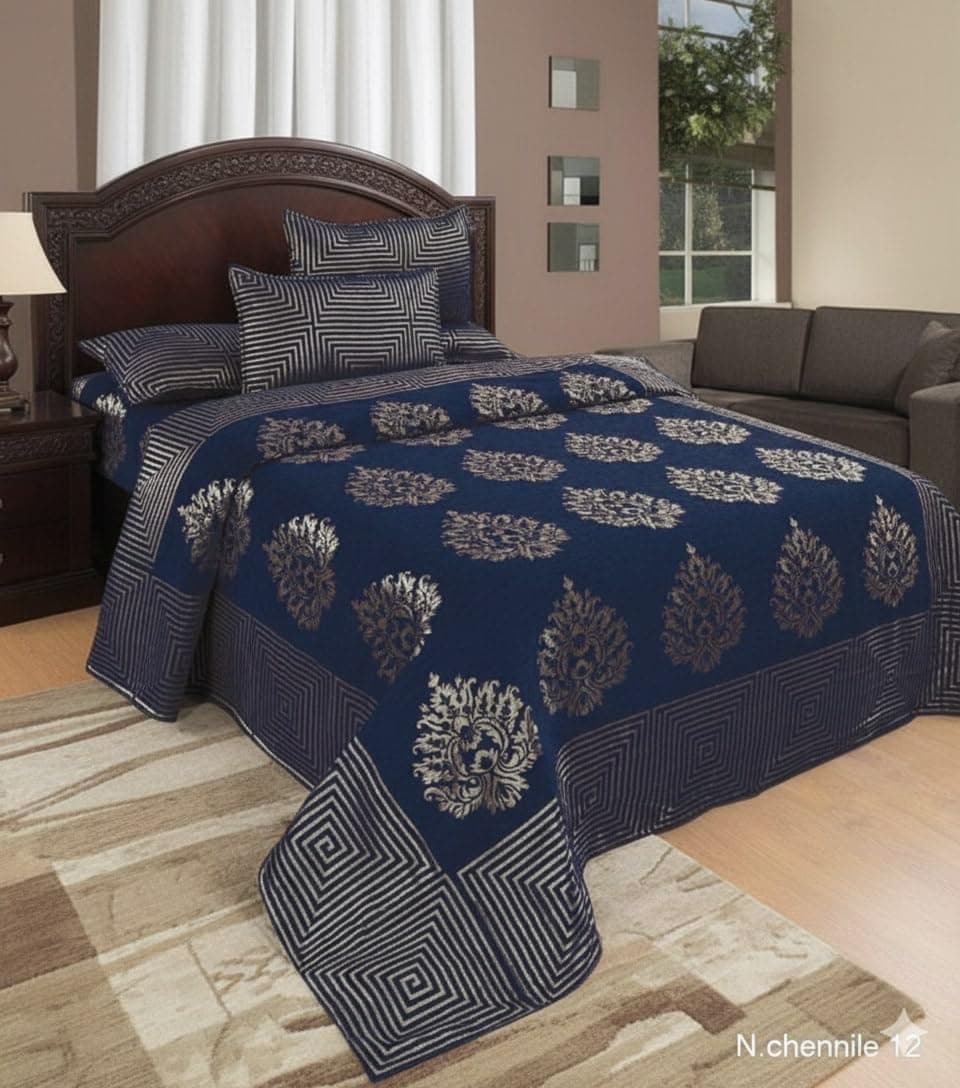 Fresh From Loom Chenille Velvet 500 TC Bedsheet (Blue_Double), 1 Double Bed King Size Bedsheet with 2 Pillow Cover, Size - 90x100 Inch