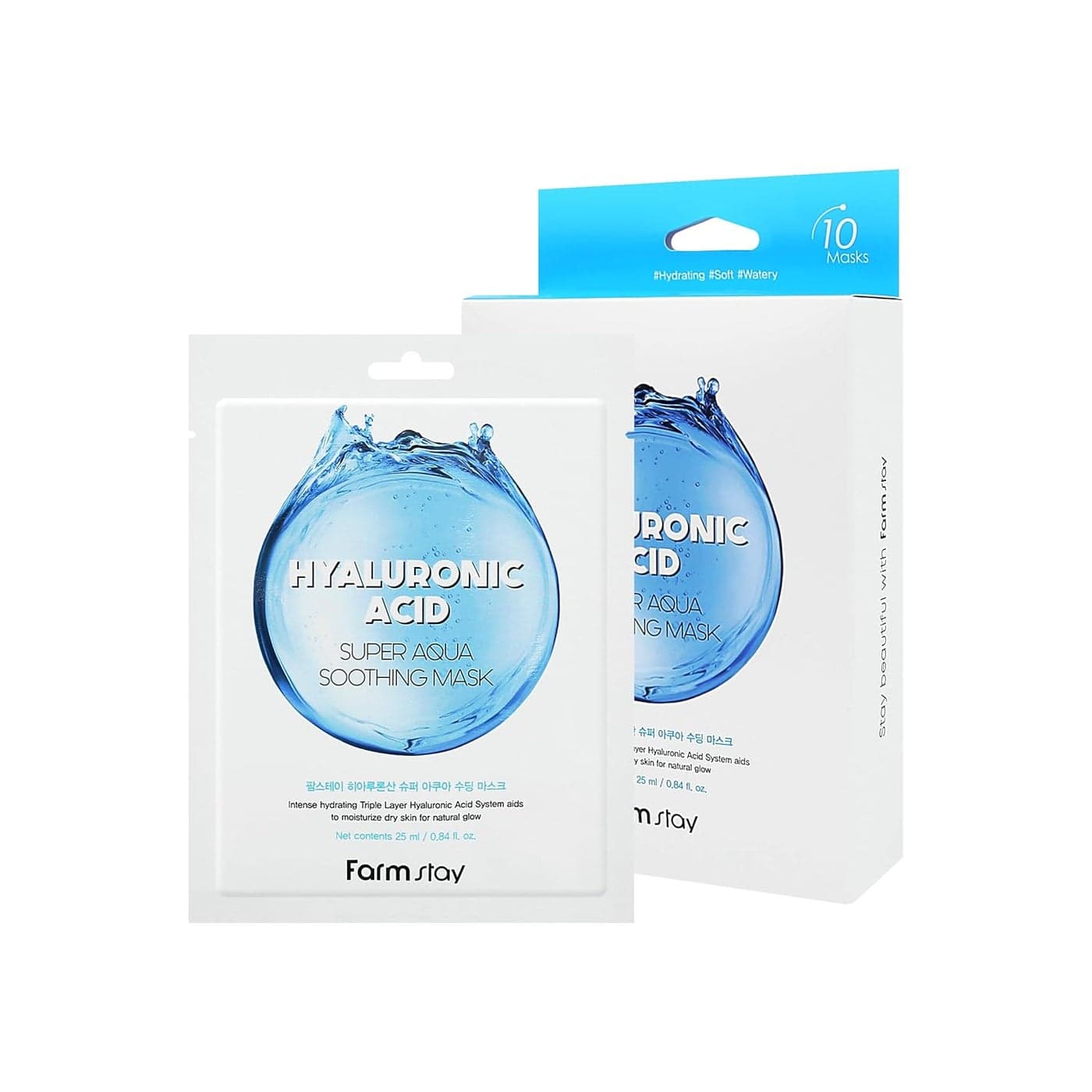 FARMSTAY Hyaluronic Acid Super Aqua Soothing Mask Deep Hydration Skin Calming Sheet Mask with Hyaluronic Acid Moisturizing Care for All Skin Types 084 floz10 Sheets