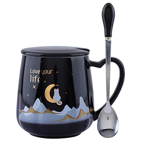 NYRWANA Coffee Mug, Gift for Woman, Birthday Present for Girlfriend, Mugs for Present, Cute Mugs, Love Your Life Mug with Lid & Spoon (420ml - Black)