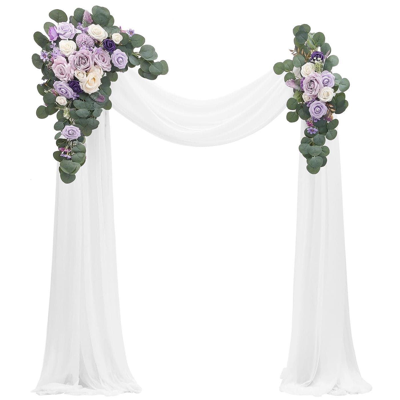 Floroom Arch Flowers with Drapes Kit Pack of 4 2pcs Artificial Lilac Lavender Purple Floral Swag Arrangement with 2pcs Draping Fabric for Wedding Ceremony Arbor and Reception Backdrop Decoration