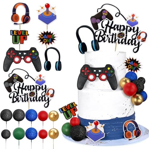 Video Game Cake Toppers Video Game Happy Birthday Controller Headset Cake Decoration Ball Cake Decoration for Game Theme Birthday Party Cake Decoration Blue Colorful
