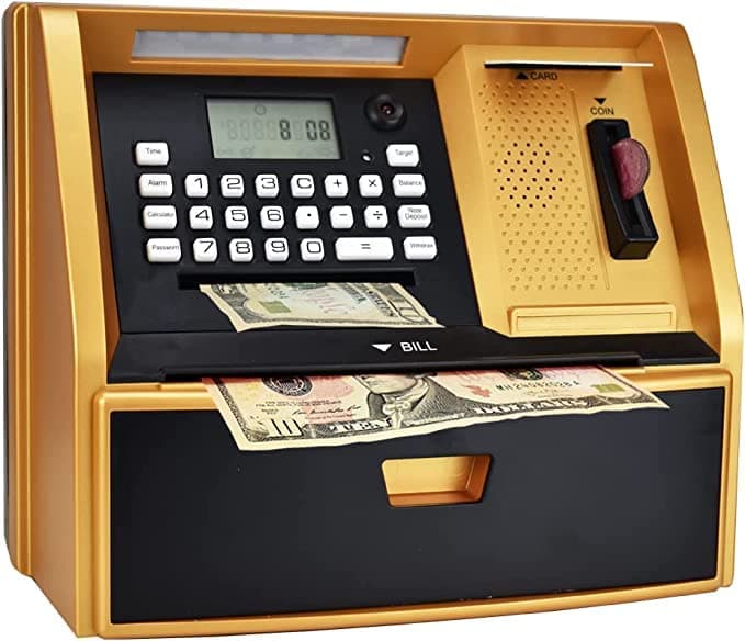 LIKE Talking ATM Savings Bank Digital Piggy Bank ATM Money Coins Machine for Kids Birthday Gift GoldenBlack