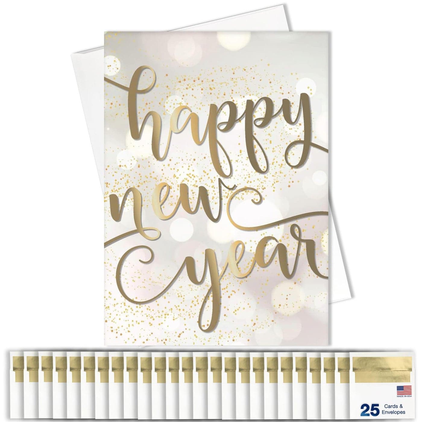New Years Cards for Business Family Golden Confetti Design Greeting Card Set Pack of 25 Happy New Year Cards with Envelopes for 2025 5x7 inch Great for Office Work Employees Clients N1902