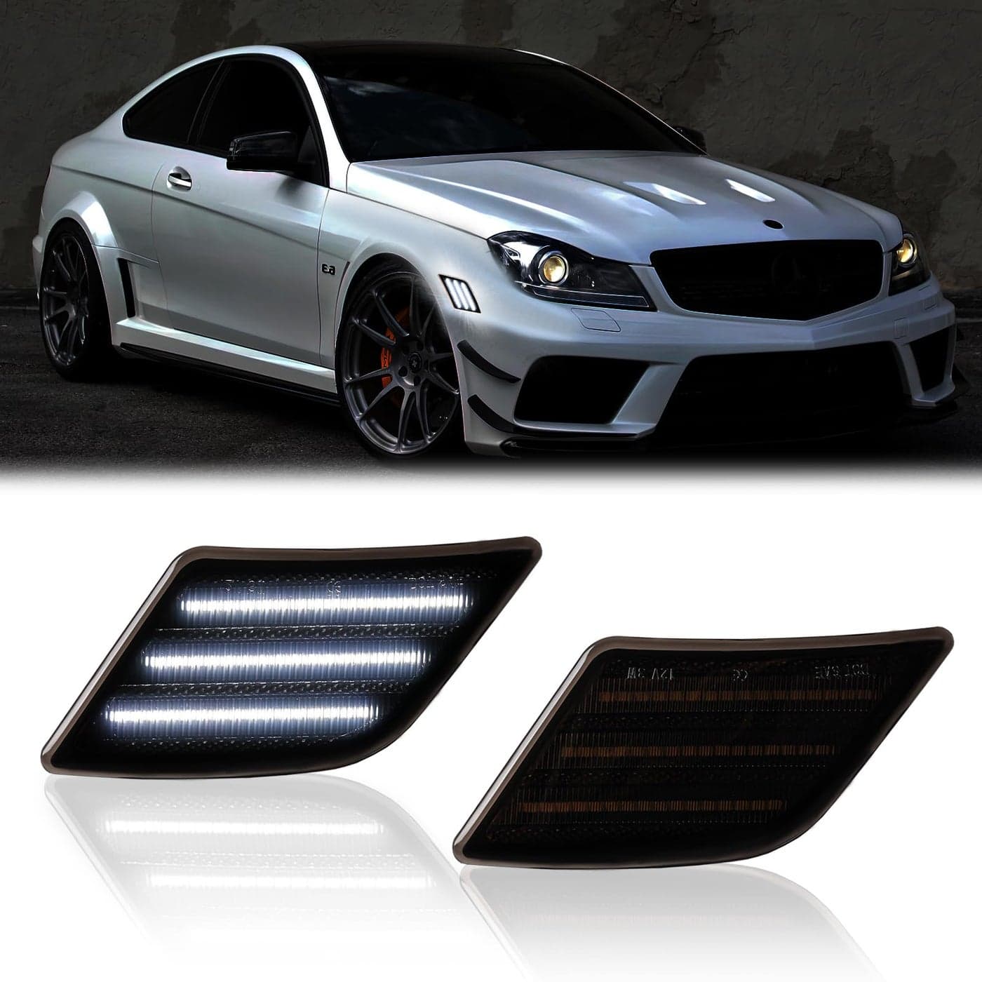DERMOKA LED Side Marker Lights for 20082011 MercedesBenz PreLCI W204 C250 C300 C350 20082013 C63 AMG 20052007 SL66 AMG Smoked Len 2PCS White