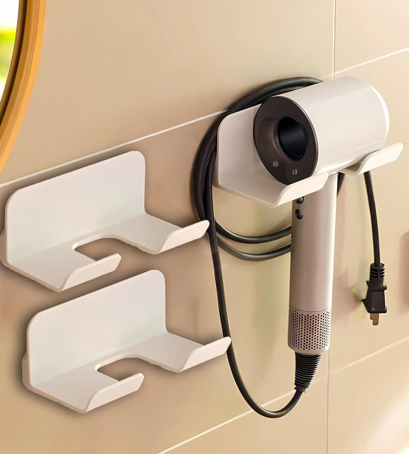 SUPTEC 2 Pack Universal Hair Dryer Holder, Self Adhesive Wall Mount Stand for Most Brand/Size Hair Blow Dryer Hair Dryer Organizer Rack with Plug&Wire Hook for Bathroom