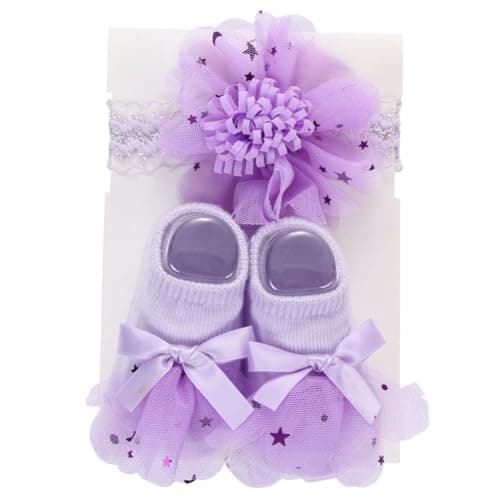 SYGA Baby Girls Cotton Baby Flower Hairband & Shoes Set Soft, Ankle Length Socks Comfortable Fit For Ages 0-6 Month-Old's Ideal For Newborns & Toddlers(Purple)