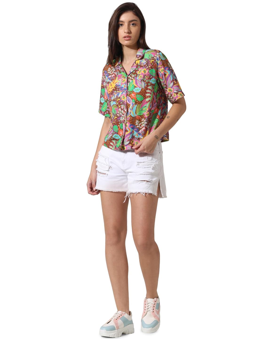 ONLY Women Printed Cotton Loose Fit Multicolor Shirt
