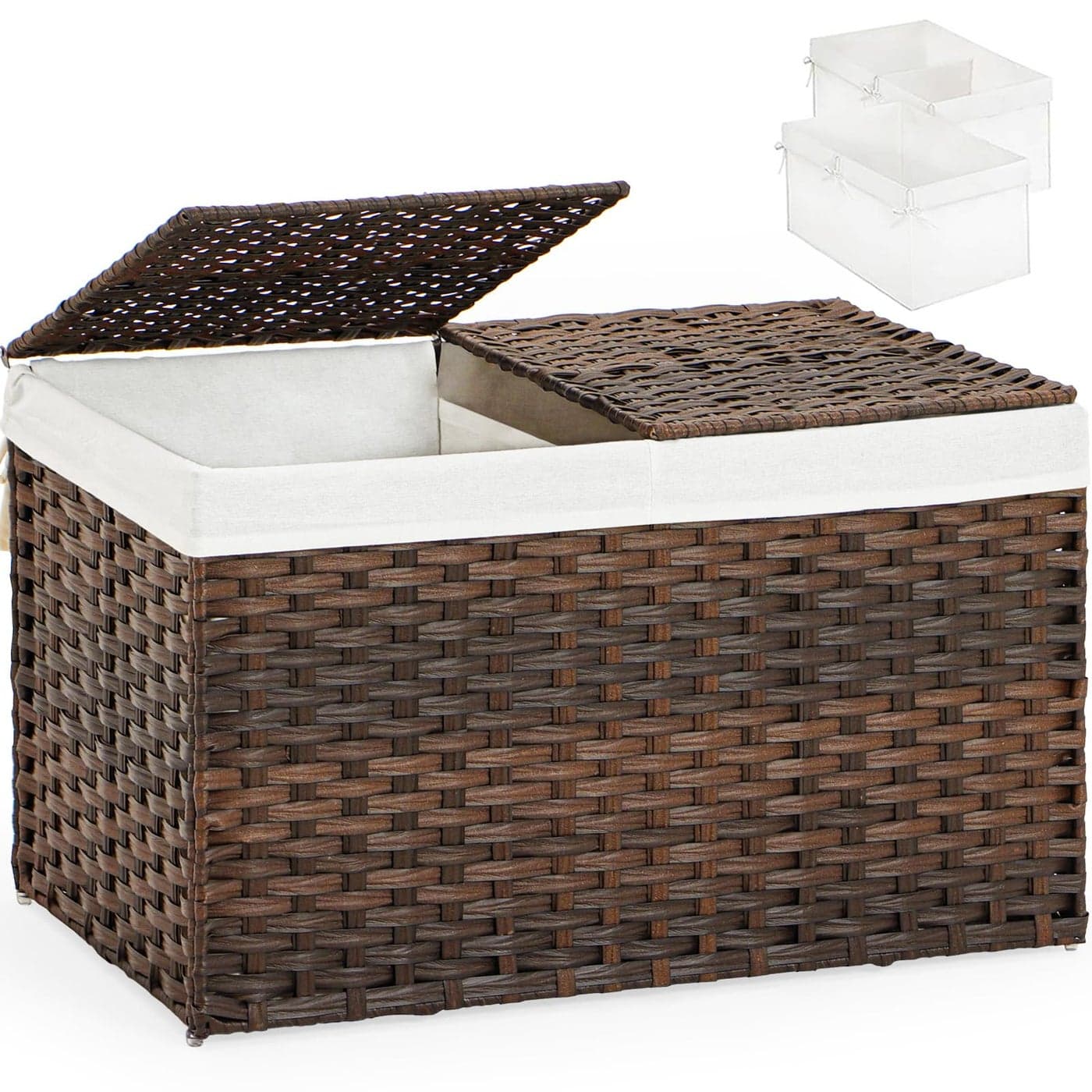 SETVSON Storage Basket with Lid Rattan Storage Basket with 2 Separate Lid 278 Gallon 105 L 252 154 161 Inches Woven Wicker Baskets with 2 Liners and Handles for Bedroom LaundryBrown