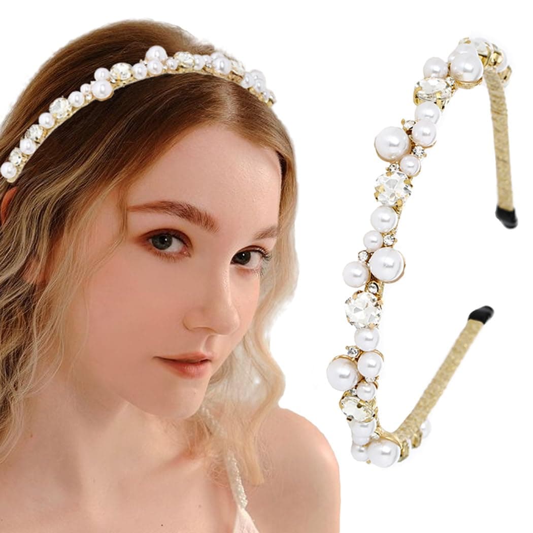 Firuilo Gold Thin Headband Rhinestones Pearl Hairband Sparkly Crystal Head Bands Accessories for WomenType A