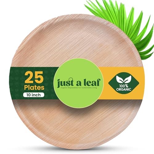Just a leaf [10 Inch, Pack of 25 Round Organic Disposable Plates | Palm Leaf 100% Natural, Eco-Friendly Biodegradable & Bamboo Wood Plates for Wedding, Events, Parties & Picnic Plate (Size - 25.4Cm)