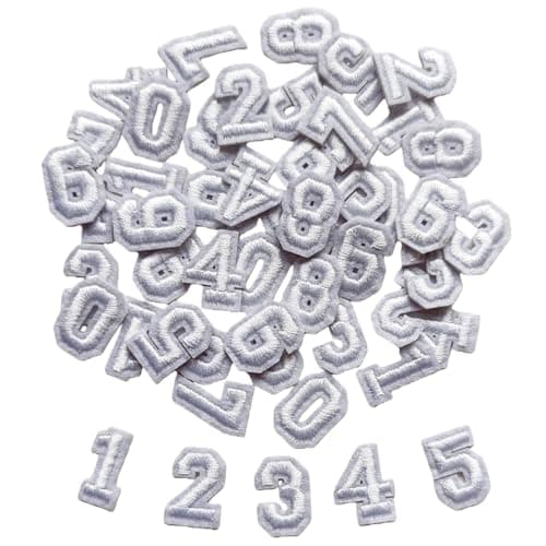 Zlettery 50pcs Iron on Number Patches 07 inch 5 Sets of 09 Embroidered Small Number Patches for Clothing Jackets Hats Backpacks Jeans White