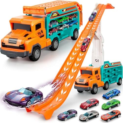 BainGesk Carrier Truck Toys for 3 4 5 6 Years Old Boys 28 Ft Race Track Transport Cars with 6 DieCast Metal Toy Cars Birthday Gifts Kids Age 35 Racing Toys Gifts for Toddlers