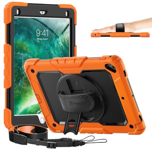 Timecity Case for iPad 6th/5th Generation, for iPad 9.7 Inch Case with Screen Protector Rotating Stand/Hand Strap Full-Body Silicone+PC Durable Protective Case for iPad 5th/6th /Air 2/Pro 9.7- Orange
