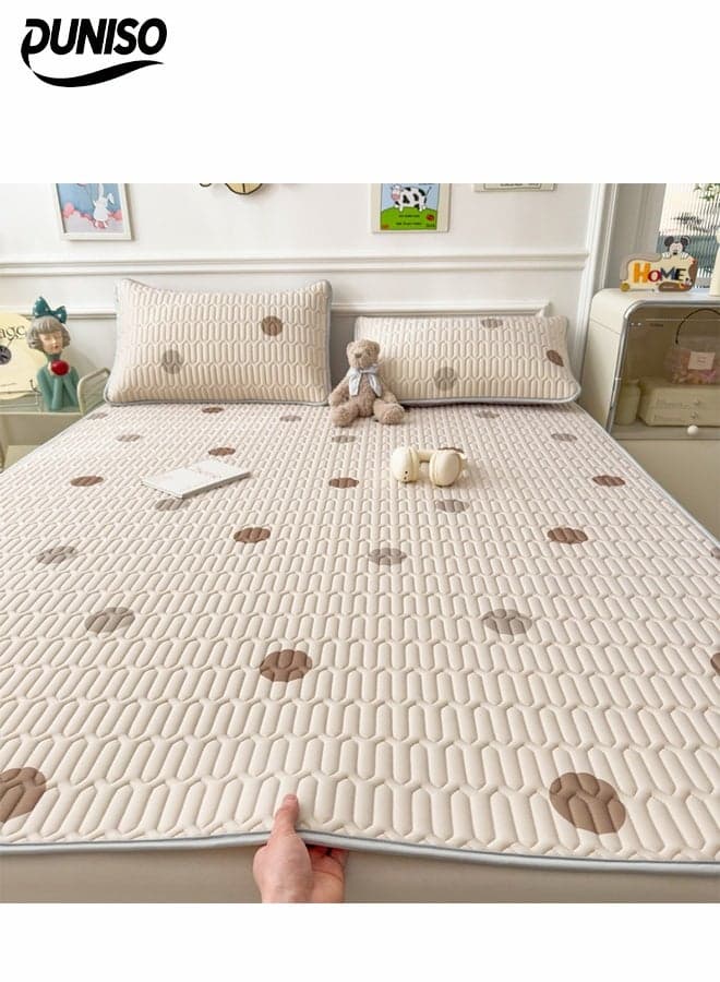 3-Piece of Ice Silk Cooling Bedding Set,Extreme Heat Cooling Bedding Set,Anti-Slip Latex Cool Silk Bed Cover with 2 Pillowcases,Latex Mattress Pad for Summer Heat,Breathable Sheets,Night Sweat Relief,Printed with Circular Pattern,150*200CM