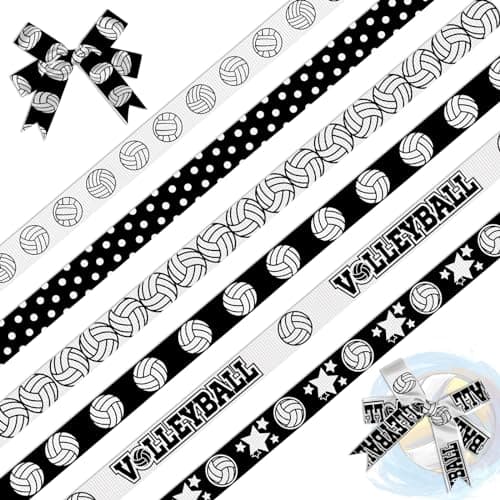 Threetols 6 Rolls 18 Yards Volleyball Grosgrain Ribbons 38 Black White Dot Sport Star Ball Wrapping Craft Ribbons for Sport Team Decoration and Theme Party Decorations