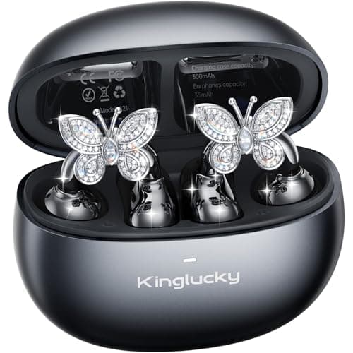 Kinglucky Jewelry-Inspired Clip-On Earbuds with Butterfly Earrings, Comfortable Fit & 50H Playtime Open Ear Bluetooth 5.4 Wireless Headphones for Women, Small Ears, Sports & Workouts (Black)