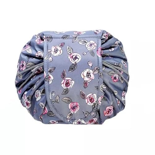 Nirvik Women’s Waterproof Portable Cosmetic Bag | Multifunction 2-in-1 Travel Makeup Organizer with Drawstrings, Medium 6 cm, Convenient Lazy Toiletry Storage (Grey Rose)