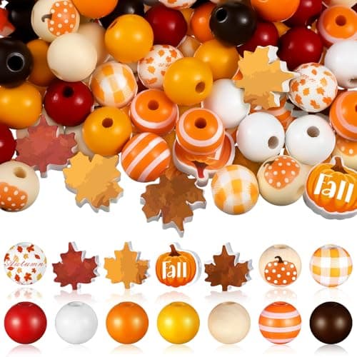 Ripeng 200 Pcs Thanksgiving Wooden Beads Thanksgiving Orange Craft Beads Pumpkin Maple Leaf Gnome Plaid Colorful Round for Autumn Harvest Halloween Craft Jewelry Making Home Party Decor