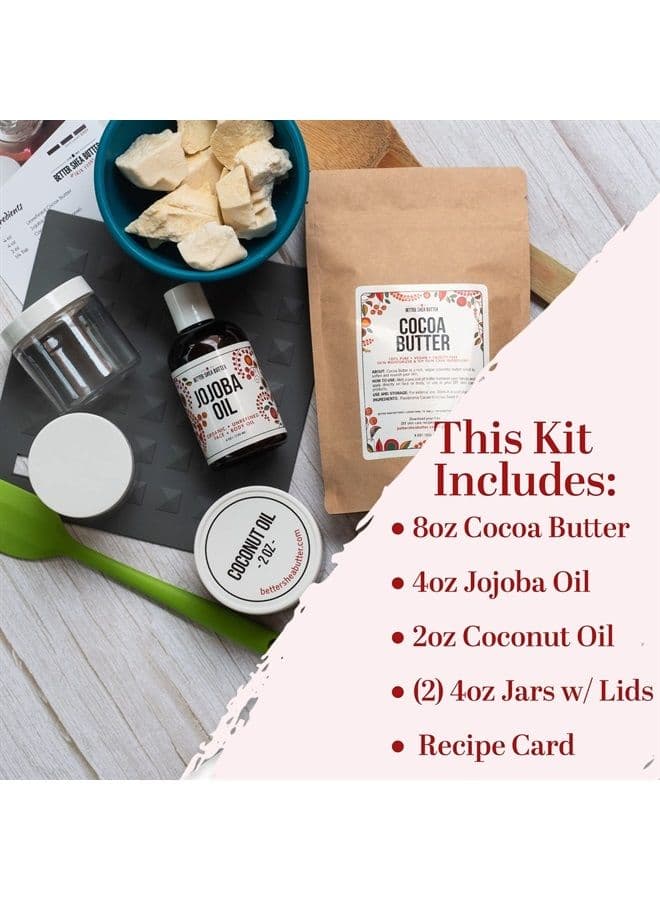 Cocoa Body Butter Making Kit |Includes Unrefined Cocoa Butter, Jojoba Oil, Coconut Oil, 2 Jars and DIY Whipped Cocoa Butter Recipe Card with link to Video Tutorial | Makes Natural Whipped Lotion | By